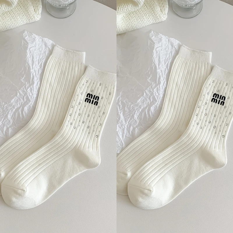Trendy Rhinestone Black and White Medium Tube Socks for Women Spring and Summer Thin Korean Long Tube Cotton Ins Style image 6
