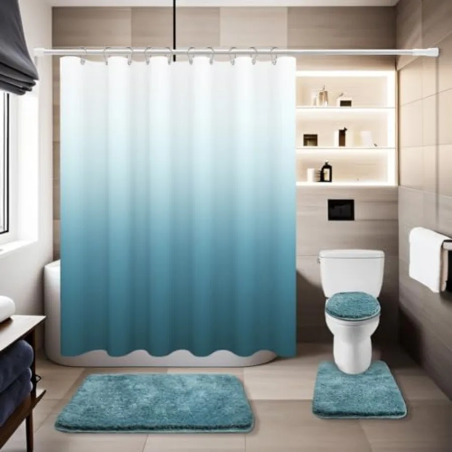 

4 Pcs Shower Curtain Sets with Rugs Solid Bathroom Sets with Shower Curtain and Rugs and Adjustable Toilet Lid Cover for Luxury