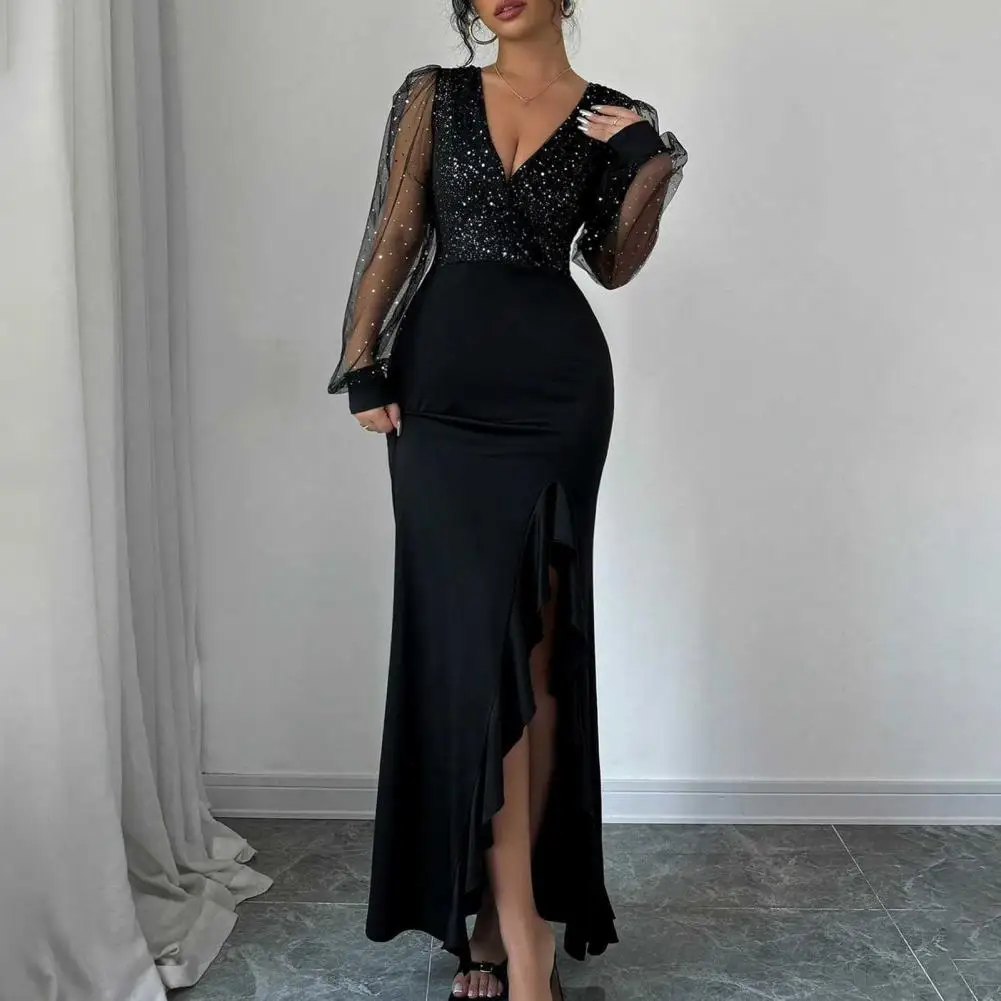 Slim Fit Hip-wrap Dress Sexy Slim Fit Dress Elegant Sequin Bodycon Maxi Dress with Mesh Detailing Glitter Sheer Long for Women