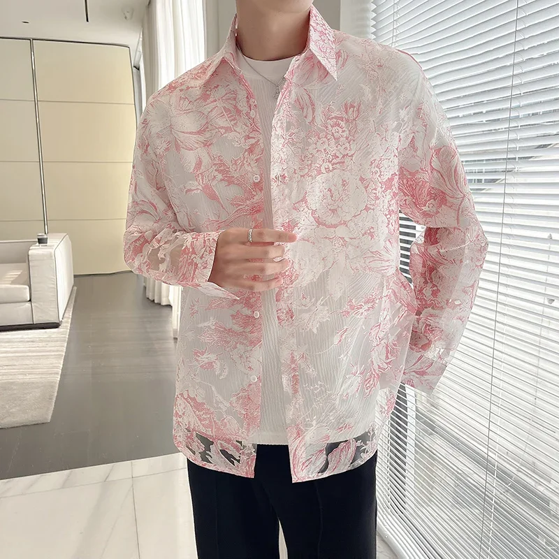 Camisa de organza vintage masculina e feminina, flores ocas, ver através, manga longa, solta, casual, blusas extragrandes, vestido de festa, verão