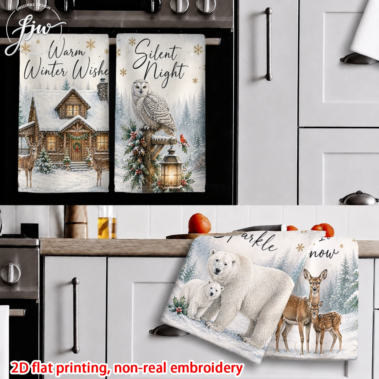 6pcWinter Wonderland Forest Animal & Cabin Kitchen Towel