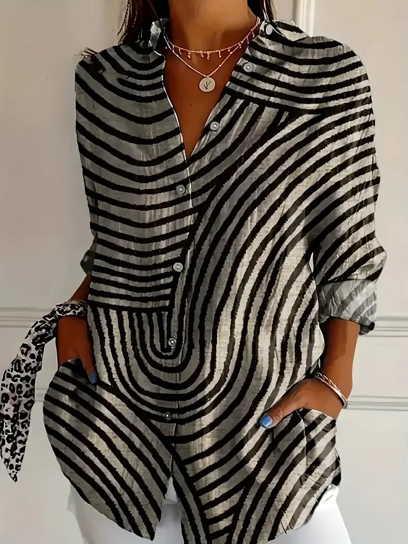

Plus Size 1XL-5XL Women's Fashion Chic Zebra Print Blouse Ladies Casual Long Sleeve Button-Up with Lapel Collar Blouse Shirt