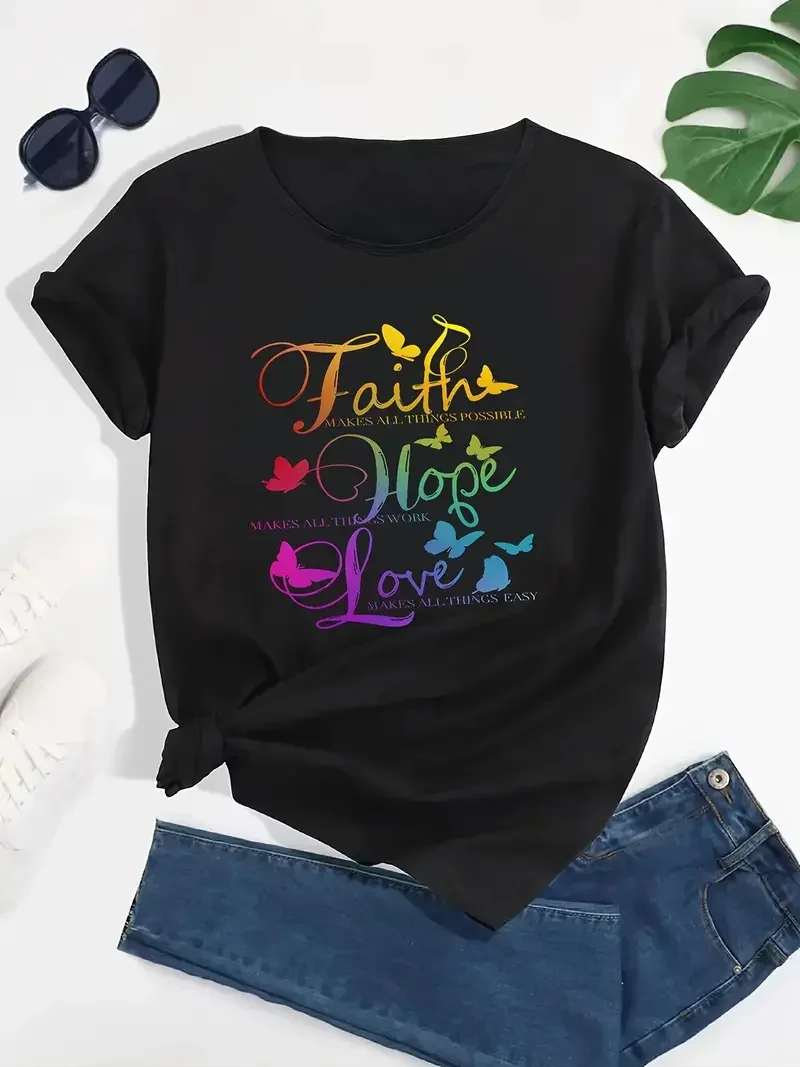 Plus Size Gradient Faith Hope Love Print T-Shirt, Crew Neck Short Sleeve T-Shirt, Casual Sport Tops, Women's Clothing