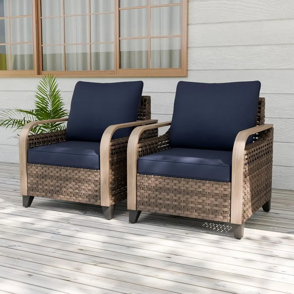 

ern Wicker Outdoor Chair, Patio Chair Curved Armrest, Rattan Patio urniture or Yard Deck Porch Garden, 2 Chairs, Brown/Blue