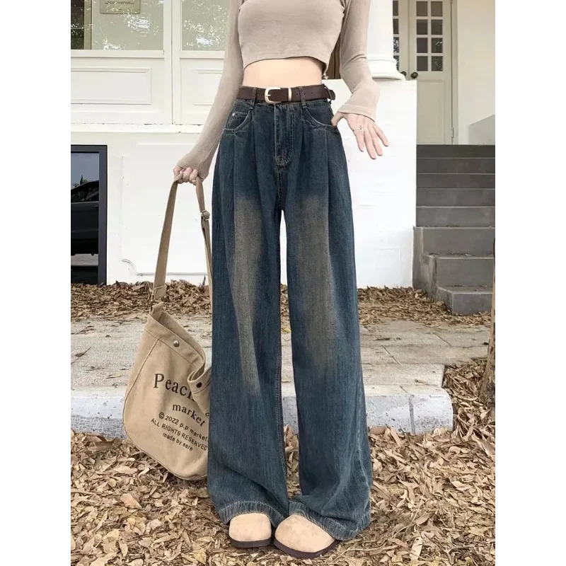 

American High Street Grey Wide Leg Jeans For Women With Pleated Design