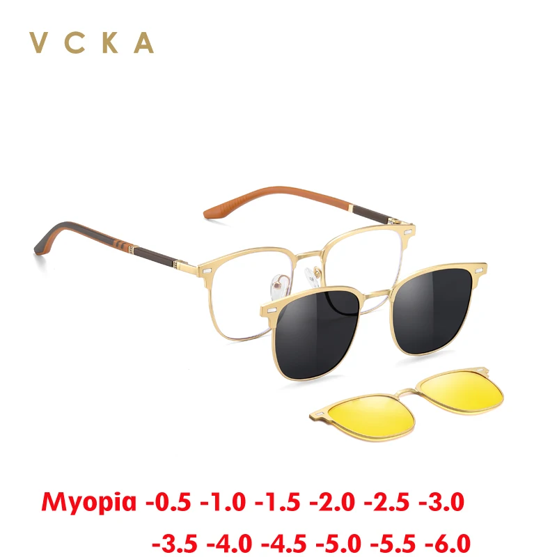 VCKA 3 in 1 Classic Aluminum Magnesium Myopia Sunglasses Magnetic Clip Big Frame Polarized Men Women Optics Glasses -0.50 to -10