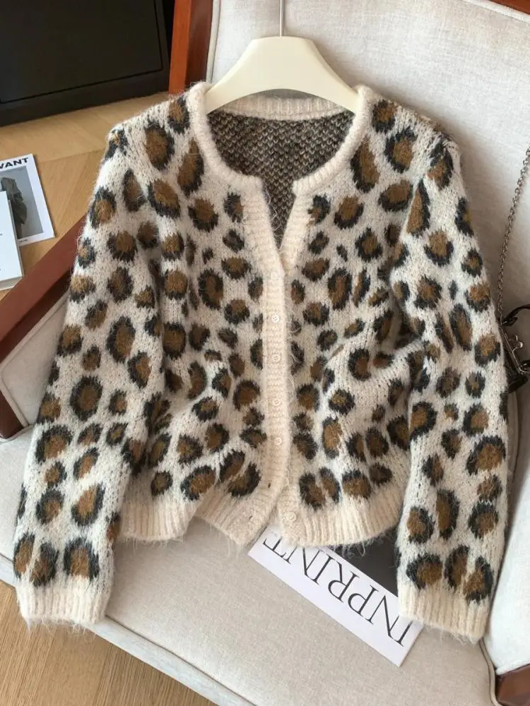 

Vintage Fashion Women Leopard Print Long Sleeve Cardigan Sweater Autumn Winter Single Breasted Versatile Knitwear Short Tops Y2k