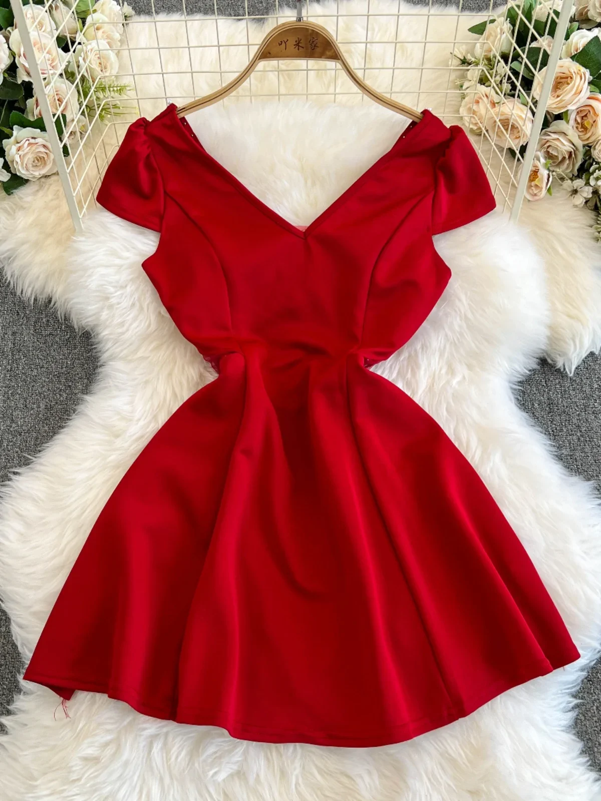 Foamlina Red V-neck Night Club Dress Female Sexy Mesh Waist Hollow Out Skinny Backless Low Chest A-word Dress for Women