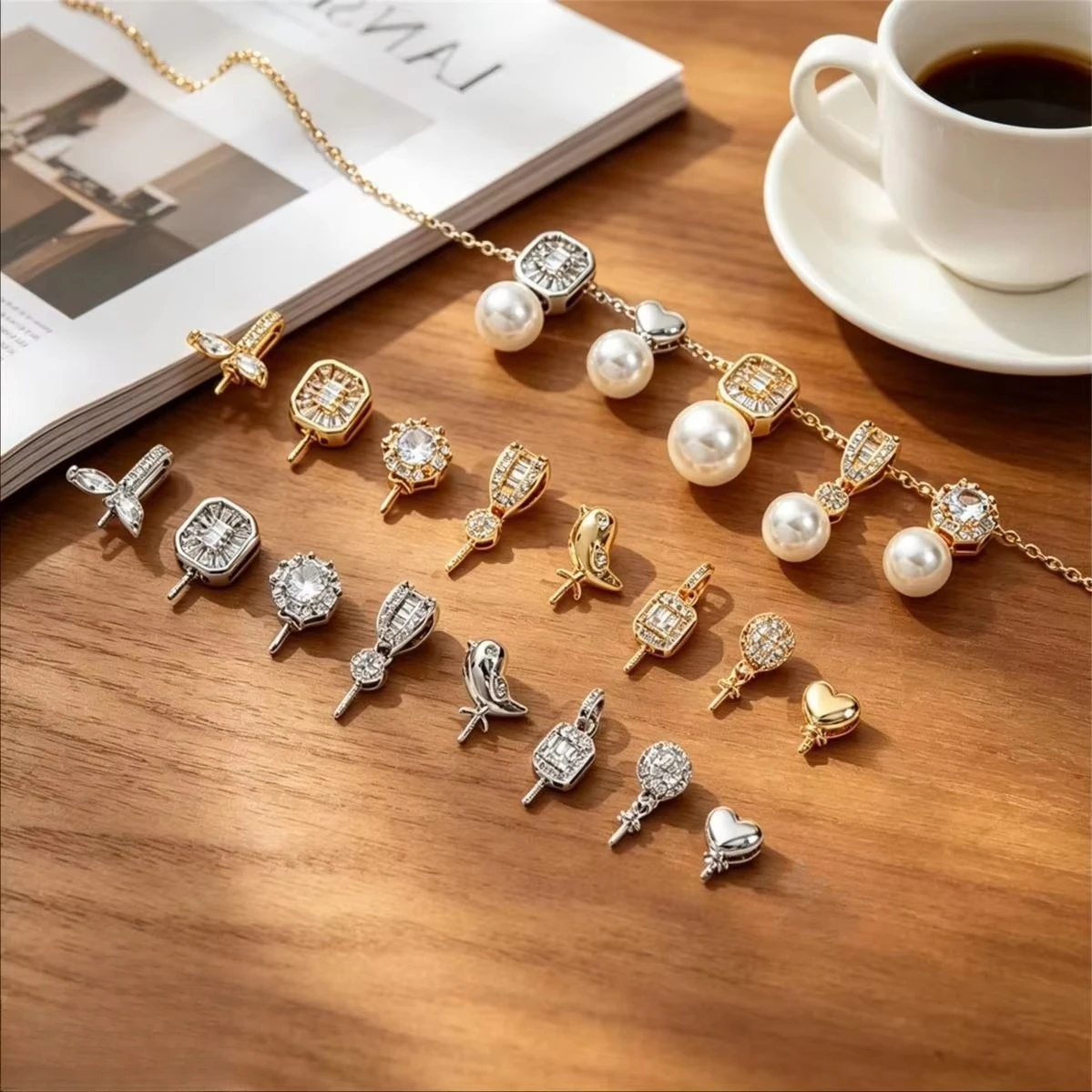 Handmade DIY Jewelry Blanks High Anti-Tarnish 14K Gold Plated CZ Bird Heart Pearl Bezel Pendant Charms Findings
