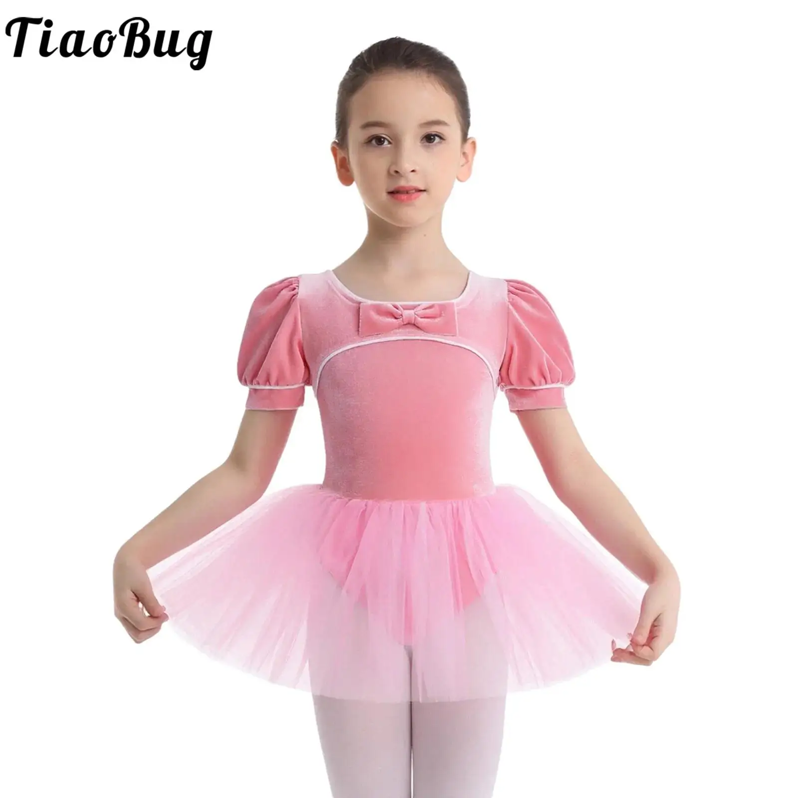 

Kids Girls Ballet Tutu Dress Leotards Puff Sleeves Velvet Patchwork Tulle Dress with Built-in Briefs Ballet Performance Costume