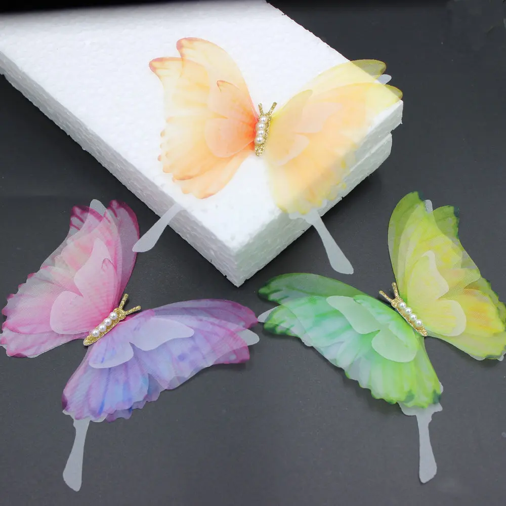 20pcs/lot 11cm Organza Fabric Chiffon Butterfly Five-Layers with Pearl Glitter Body for Hair Clips,Clothing Accesories