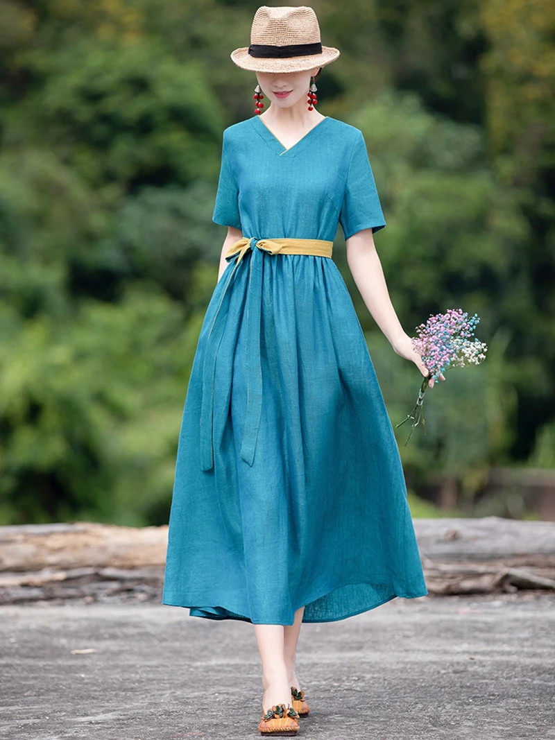 

Новое китайское этническое льняное платье для женщин, летнее, приталенное, длинное, с V-образным вырезом, универсальное по цвету