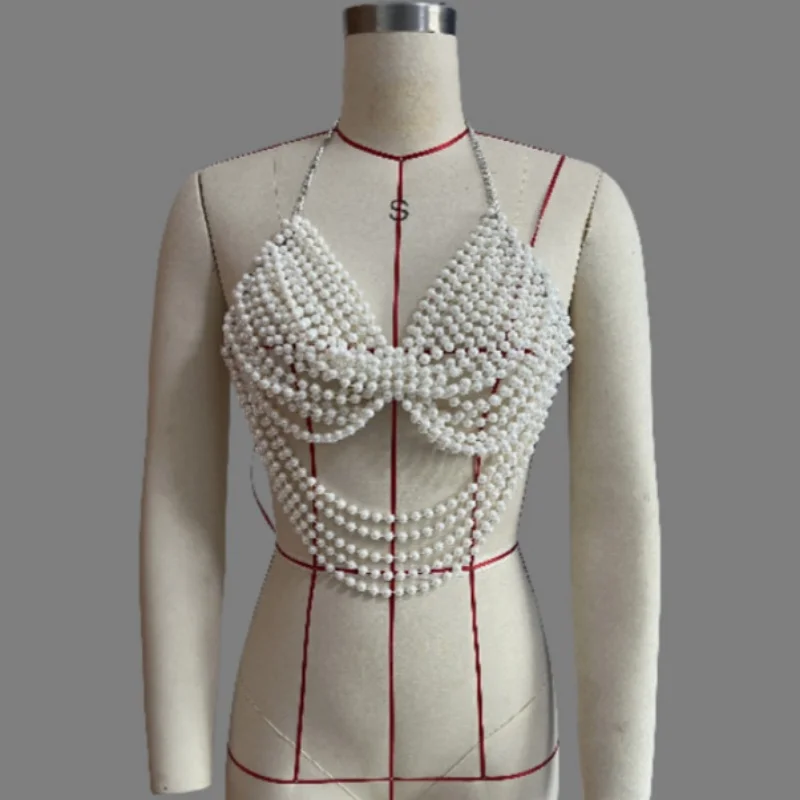 Handgefertigtes Damen-Oberteil mit Imitationsperlen, Neckholder, Körperschmuck, Quasten und Fransen, verstellbares, rückenfreies Perlen-Harness für Hochzeit, Party und Rave – Detail 3