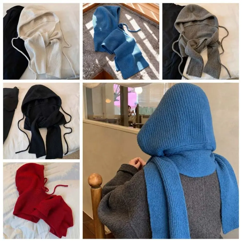Korean Style Winter Balaclava Hat Thick Knit Solid Color Hood Scarf Combo Windproof Combined Hood Integrated Neck Warmer 6