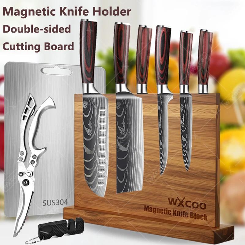 

WXCOO Professional Magnetic Knife Block Kitchen Knife Meat Cleaver Stainless Steel Boning Knife Sharpener Scissors Cutting Borad
