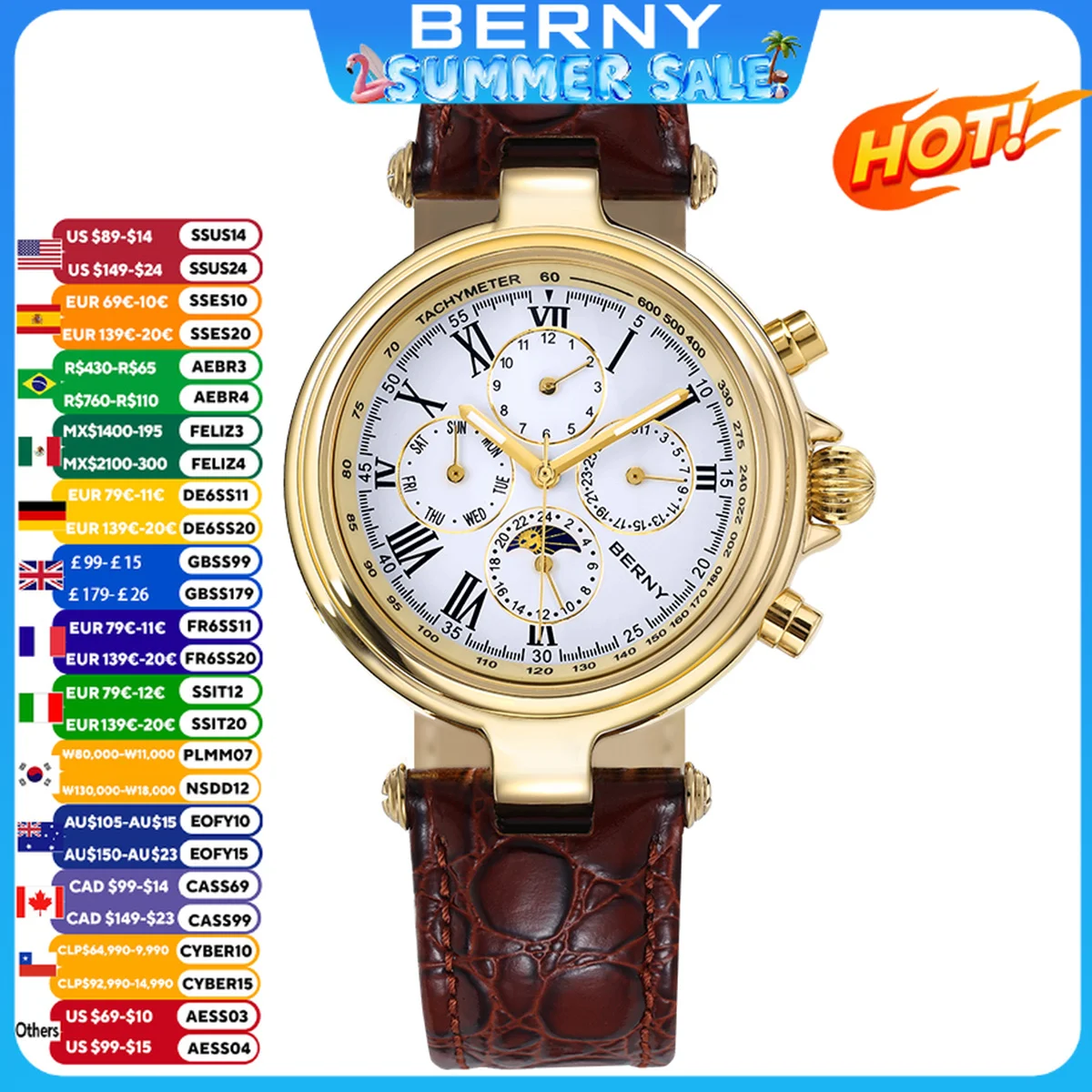

BERNY Retro Automatic Men's Watch Sun&Moon Phase Luminous ST1652 Classic Genuine Leather Luxury Mechanical Men's Dress Watches