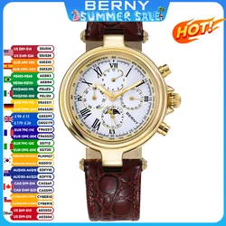 BERNY-Montre rétro automatique pour homme, phase soleil et lune, montre-bracelet mécanique de luxe, montre classique habillée Shoous SeaghydrST1652