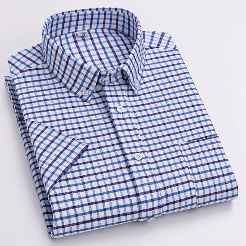 The new men's short-sleeved shirt is made of pure cotton Oxford fabric, casual summer check, trendy street stripes and versatile
