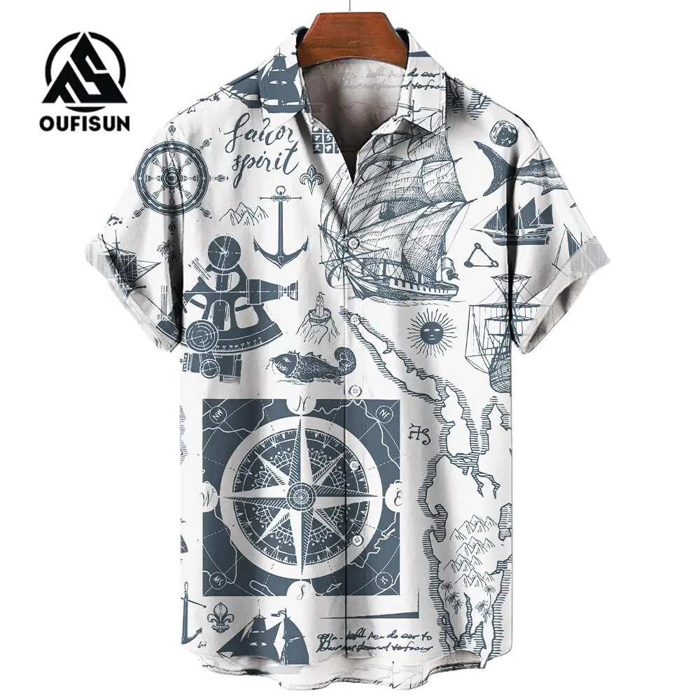 Men\'s Short Sleeve Shirt Summer Fashion Nautical Compass Anchor Printed Tops Men\'s Casual Loose Shirts Oversized Size S-5XL