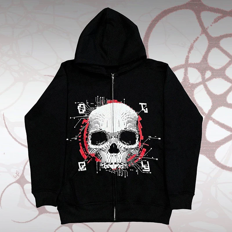 y2k zip up hoodie Vintage Gothic Grunge Skull Print Zip Up Hoodies Dark Academia Harajuku Sweatshirts Aesthetic Coat Tops Y2k 