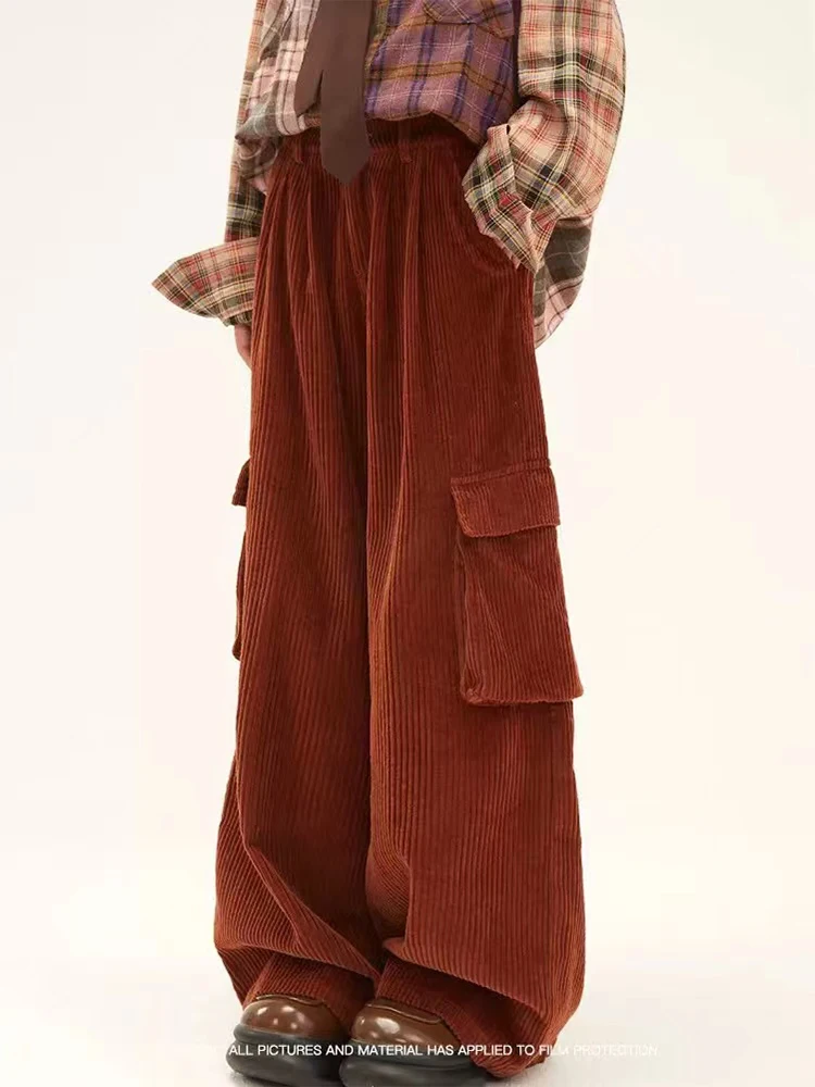 Harajuku Fashion Cargo Pants Hip Hop Straight Loose Casual Vintage Oversize Red Full Length Trousers Elastic Waist  BF Japanese