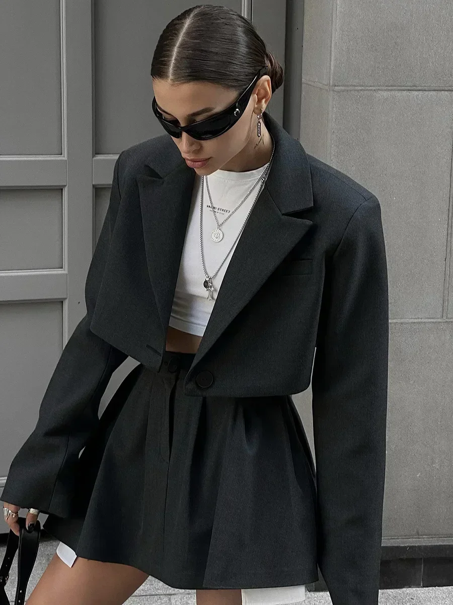

Women Stylish Short Blazer Sets Crop Blazer Jackets & Pleated Mini Skirt 2 Pieces Sets Two Piece Sets Womens Outifits