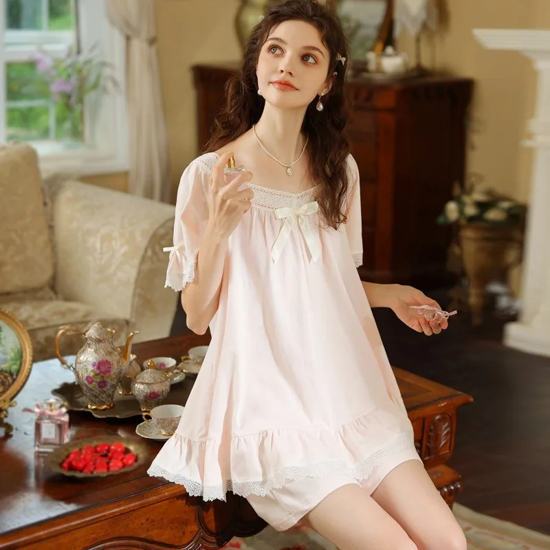 

Новые летние хлопковые пижамы с короткими рукавами для девочек, милые свободные комплекты в стиле принцессы, кружевная лоскутная домашняя одежда с шортами, комплекты из 2 предметов