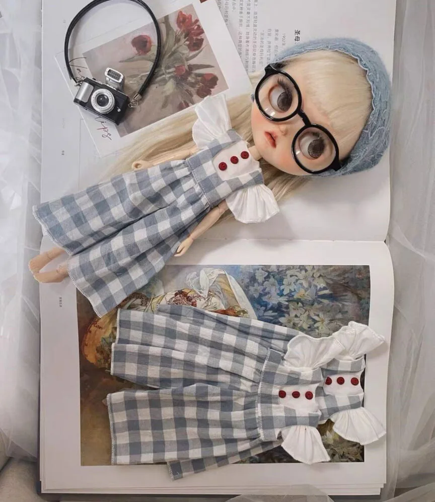 2PCS Blythe White flying sleeve short top /blue checkered jumpsuit  1/6 30cm(Fit for Pullip,Ob22/24/26, Licca)