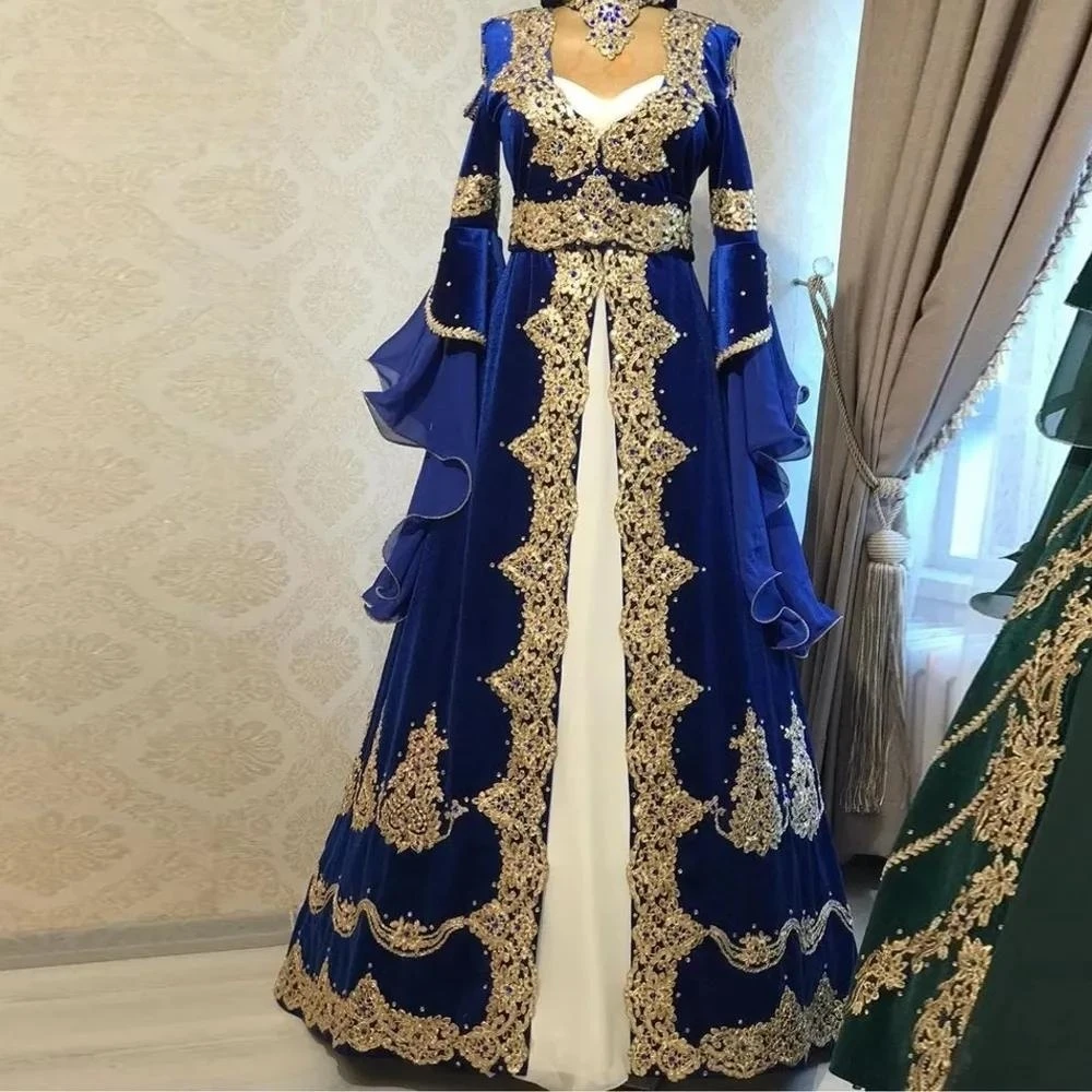 Vestido Kaftan marroquino com mangas compridas, vestidos de noite muçulmanos, linha A, apliques de veludo, Dubai, árabe, Turquia, Abaya, islâmico, azul real