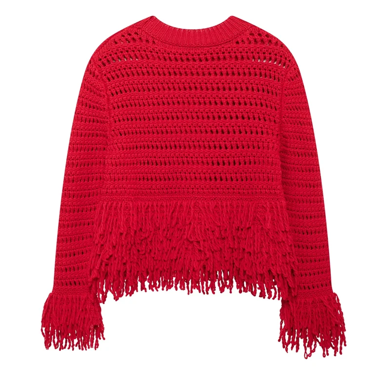 TRAF Female Sweater Tassels Red Knitted Sweater Women Autumn Winter Long Sleeve Short Sweaters Round Neck Cut Out Knitwears