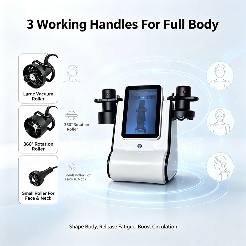 Multifunctional 3 Handles Rotation Vibration Massage Machine Vacuum Suction Red LED Light Body Contouring Muscle Soreness Relief