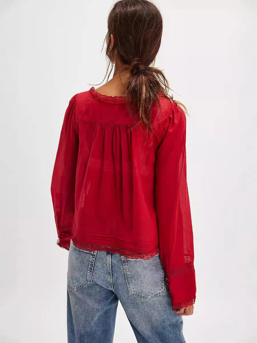 Damen-Bluse im französischen Nischenstil mit U-Ausschnitt, Spitze, kurzer Länge, vorne gebunden, ausgestellte lange Ärmel, Vintage, leicht, lässig – Detail 15