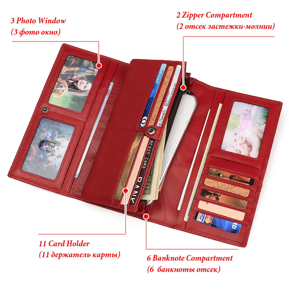 Genuine Leather Women's Wallet Fashion Coin Purse For Ladies RFID Long Clutch Wallets With Cell Phone Bags & Card Holder