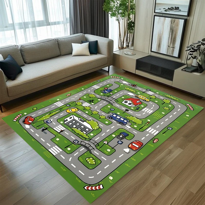 Cute Car Track Play Rug Green Interactive Road Map Print NonSlip Floor Mat for Playroom Nursery Toy Car Activity Mat