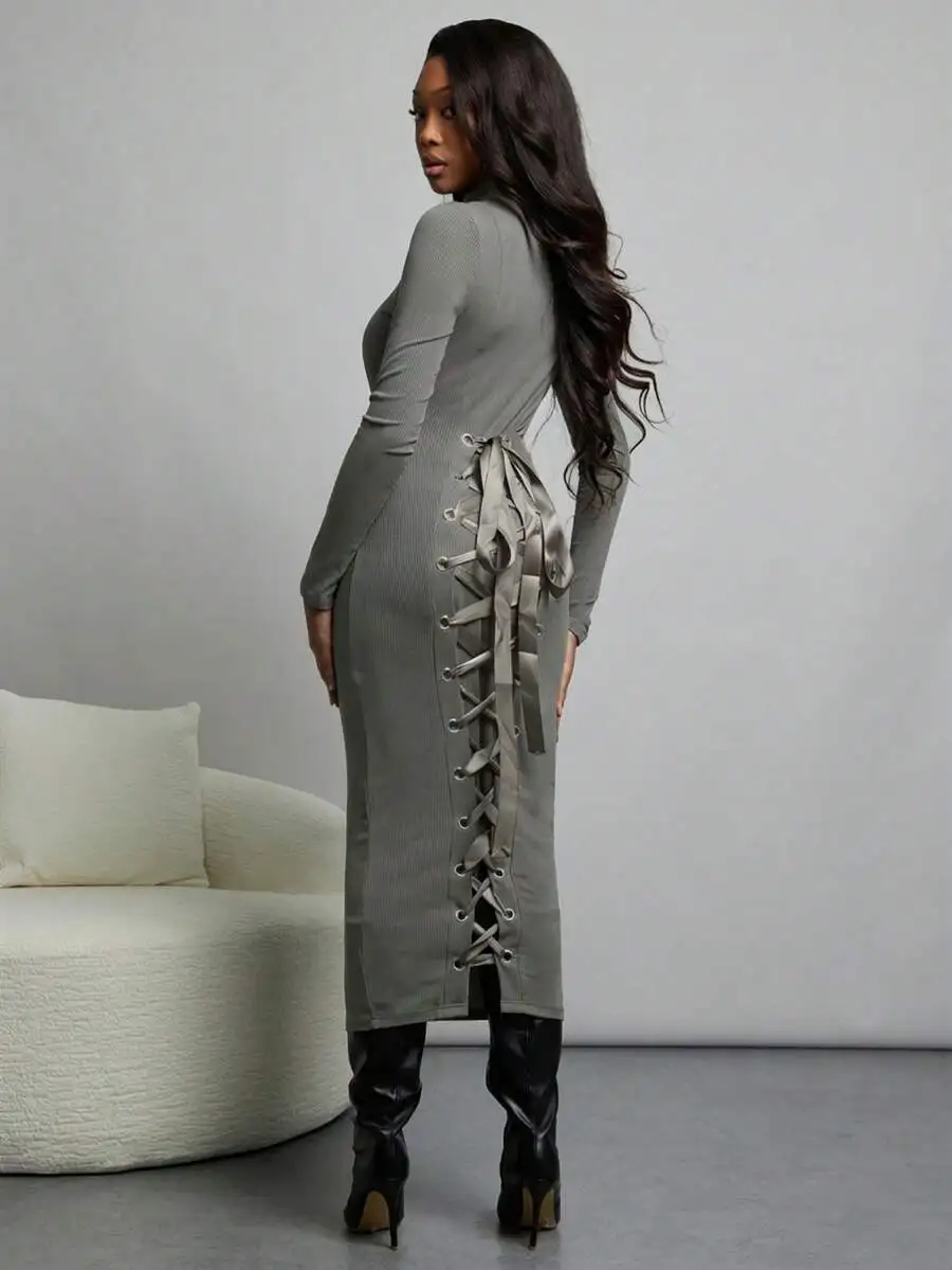 

Long Sleeve Turtleneck Fitted Midi Dress With Lace Up Back Women Fall Winter Business Casual