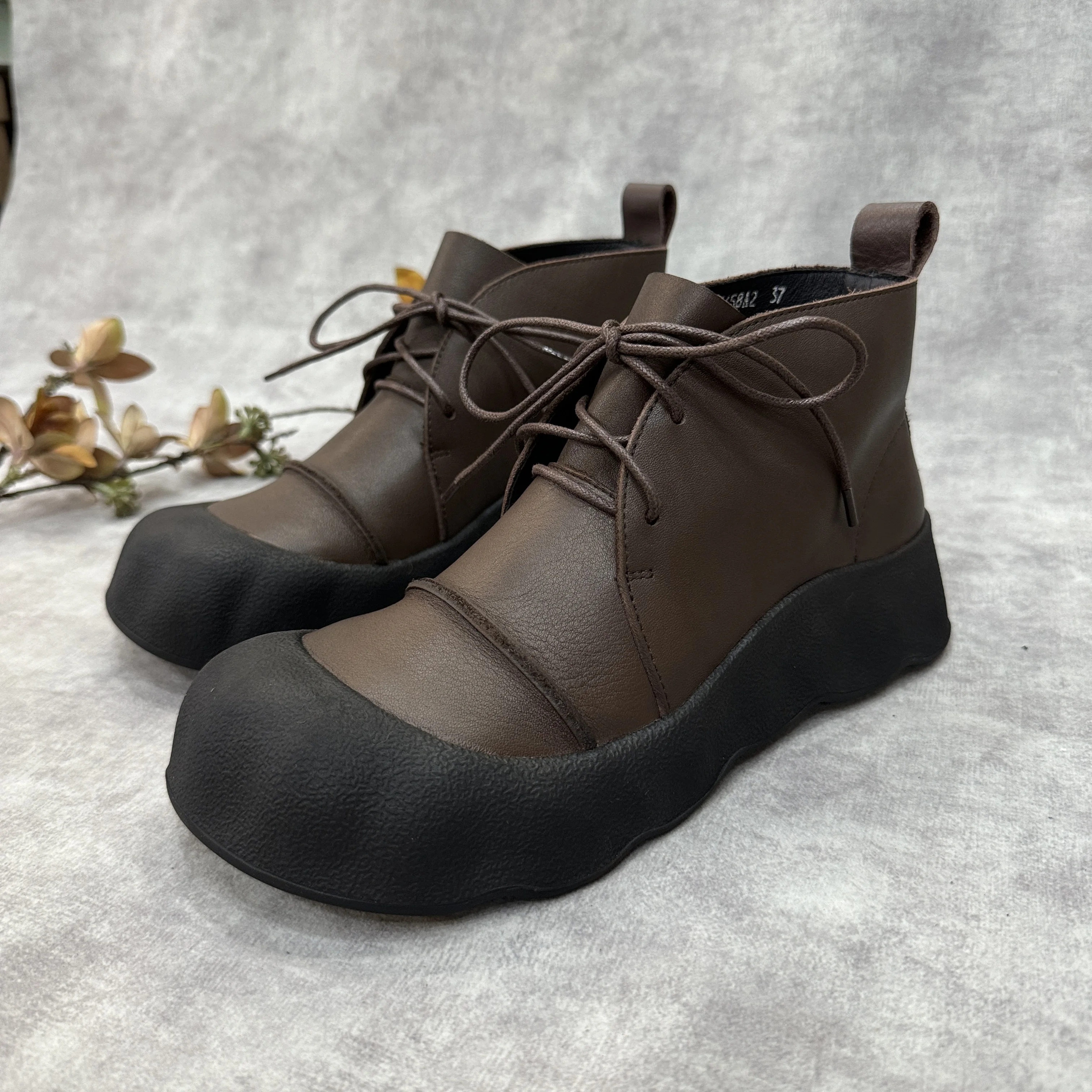 

Birkuir Retro Big Head Sewn Ankle Boots For Women Retro Lace Up Flat Platform Short Boots Luxury Genuine Leather Casual Boots