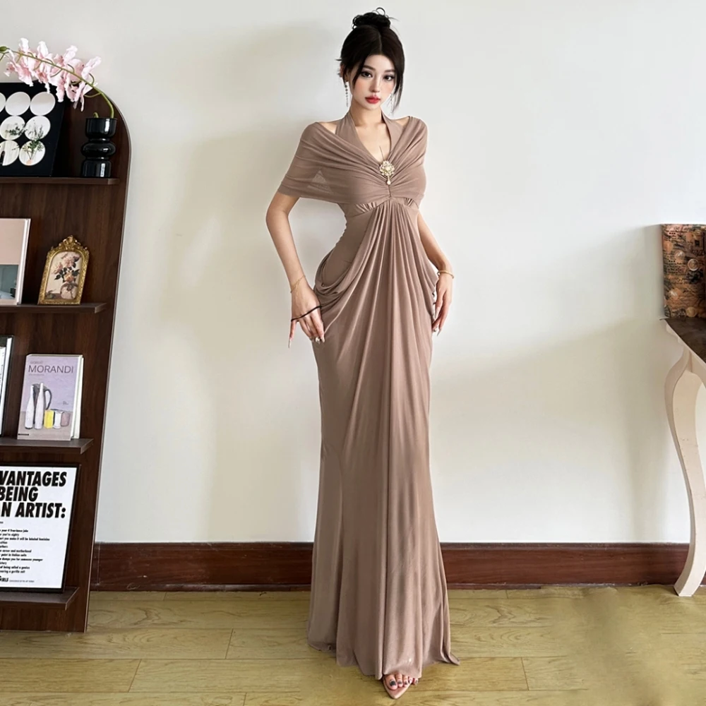 SylCue – robe longue en métal pour femmes, décoration en maille, Patchwork, col licou, dos nu, slim, portefeuille, hanche, bal de promo, froncée, élégante