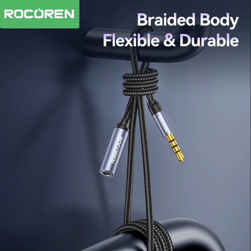 Rocoren 3.5mm Jack AUX Audio Cable Male to Female Earphone Extension Cord With Microphone For Phone Car Audio Tablets Headphones