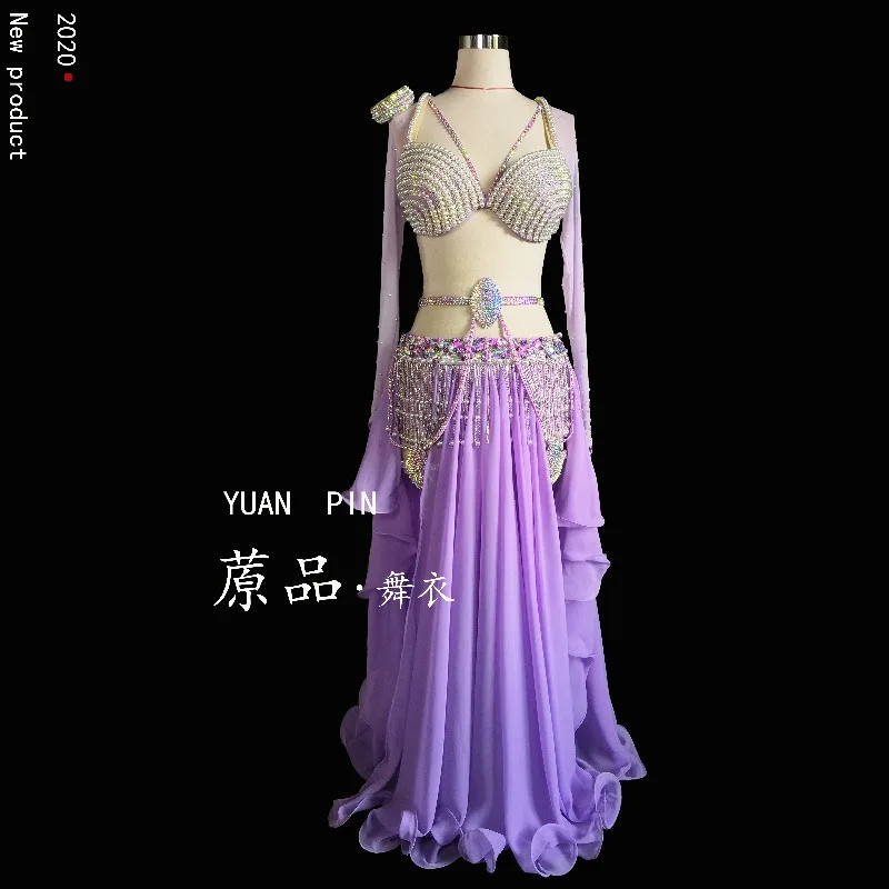 Customized Belly Dancewear Rhinestone Accessories Group Stage Suit Performance Costume Belly Dancing Bra Tassel Split Skirt Set