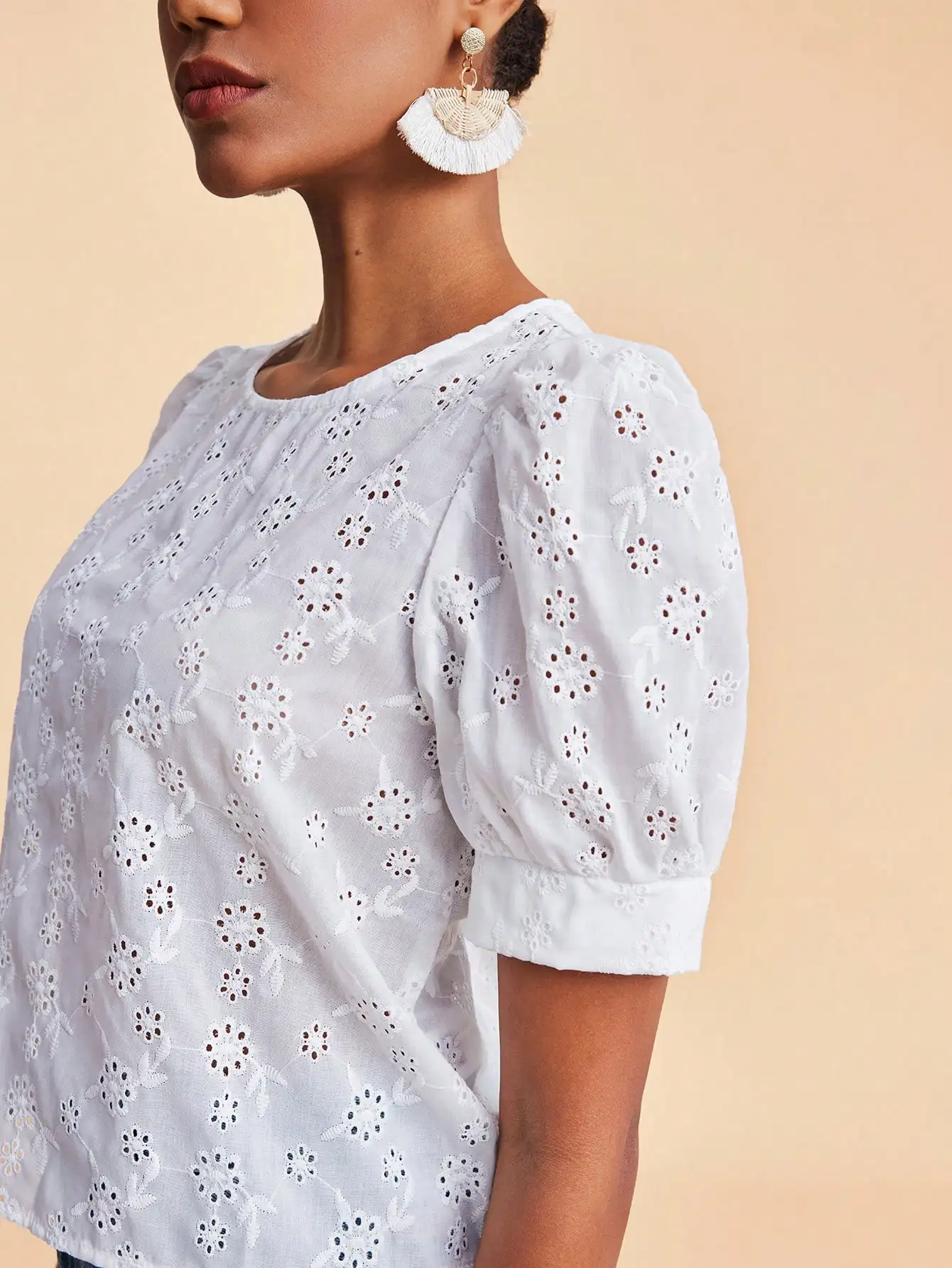 

White Hollow Out Embroidery Puff Sleeve Blouse With Back Button Closure Bohemian Style