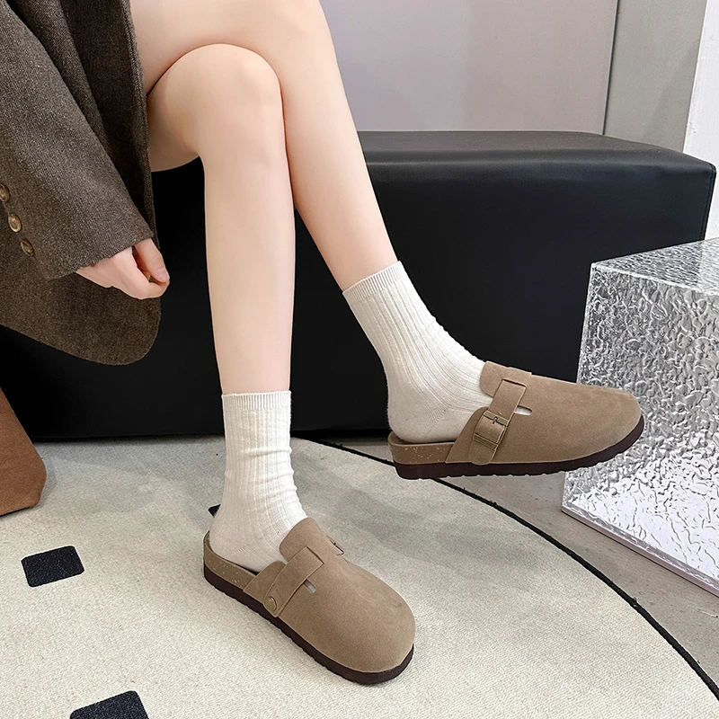 Faux Suede Platte Slippers Vrouwen Herfst Vintage Close Teen Muiltjes Schoenen Vrouw Zachte Zool Kurk Slippers Buiten Slippers