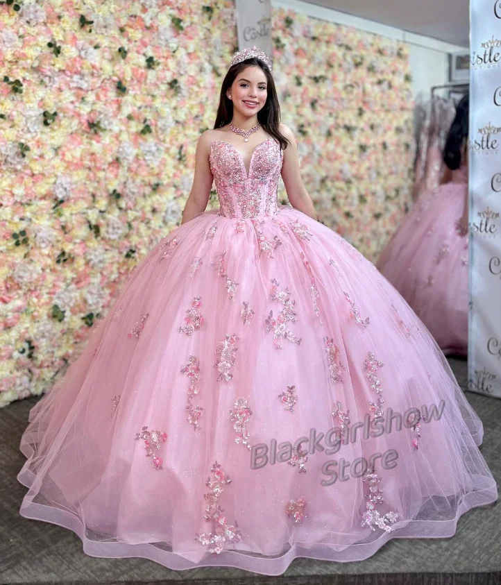 Vestidos de tule sem mangas para quinceanera, vestido floral rosa para baile, conto de fadas, 18 anos, 2024