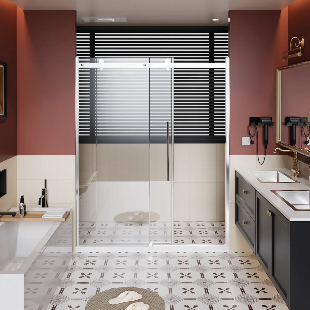 

60in W×72in H Frameless Single Slide Shower Door:1/4" Clear Tempered Glass,Zinc Rail,Stainless Handle,Chrome