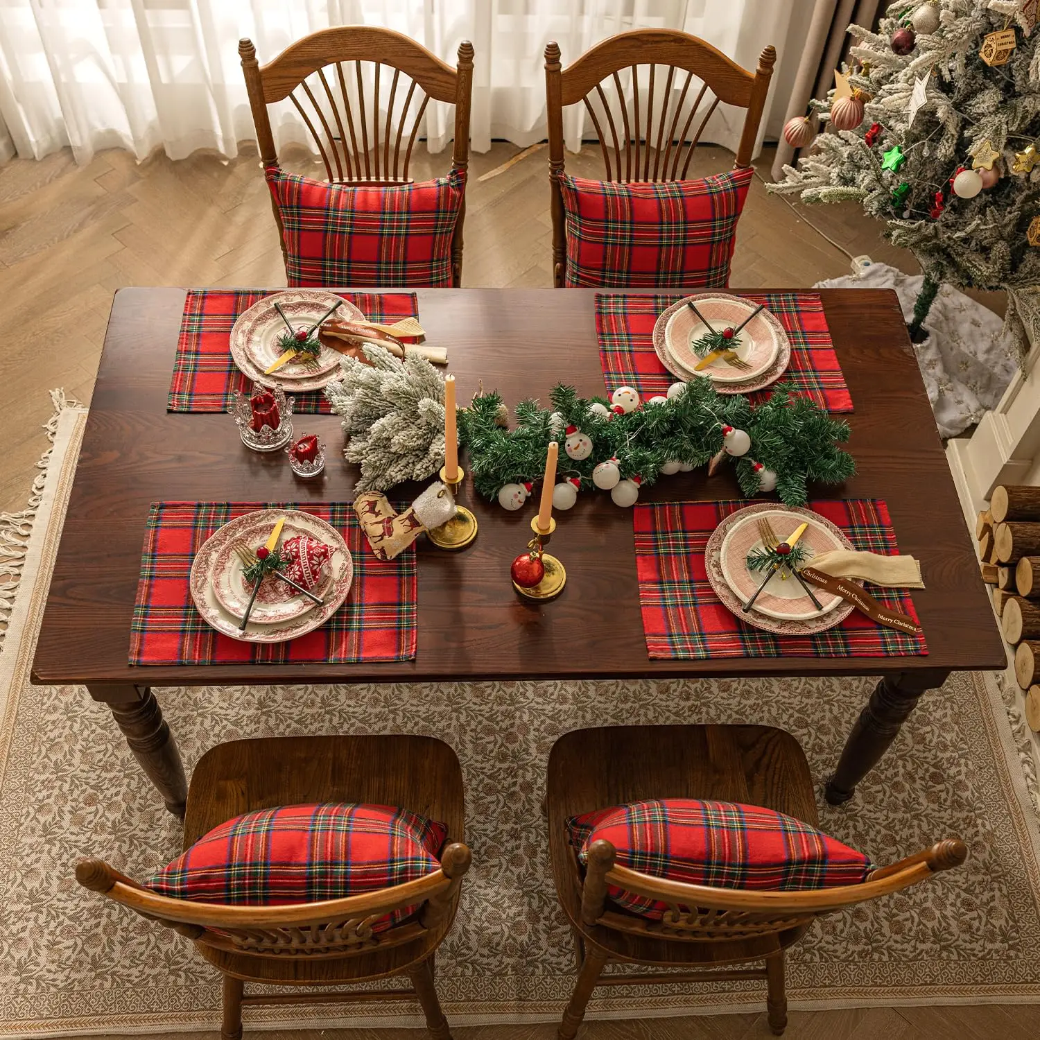 Napperons de table de Noël en tartan rouge doux, plaid, serviettes de gril, cuisine décorative, fête, décoration de la maison, 4 pièces