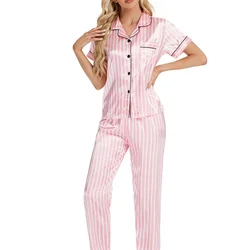 Autumn Silk Satin SleepWear Pajamas Pink White Striped S-XL Short-sleeved With Full Length Pants Nightwear Lingerie Notch Collar