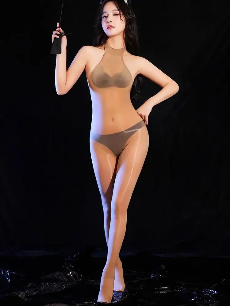 Нейлоновый комбинезон с лямкой на шее и открытой спиной, глянцевый блестящий бесшовный боди, закрытый боди с открытой промежностью, плотный сексуальный купальник, сиамский комбинезон