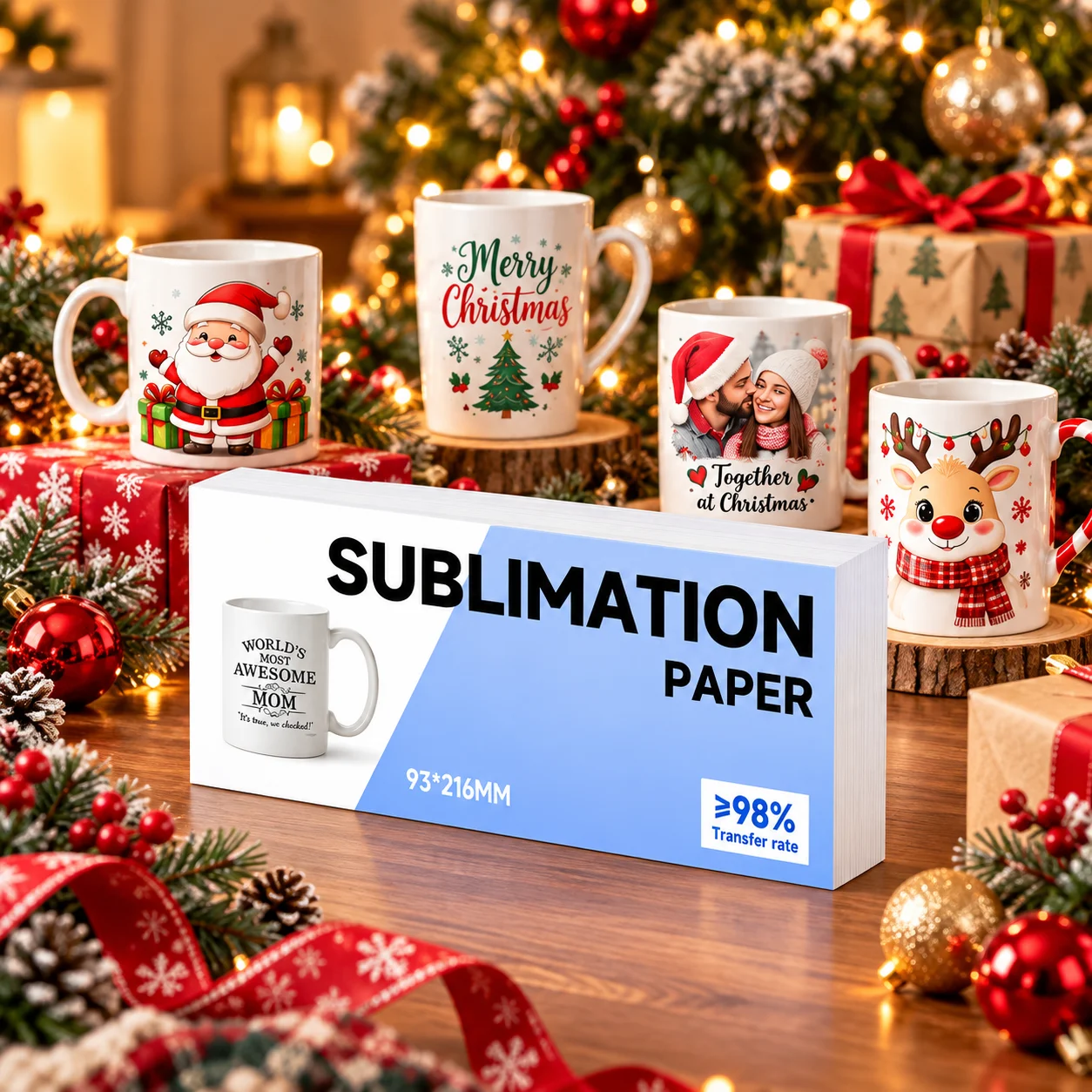 Christmas Sublimation Paper 110GSM 7 x 8.3 Inches 100 Sheets for 11oz Mugs High Transfer Rate Compatible with Inkjet Printers