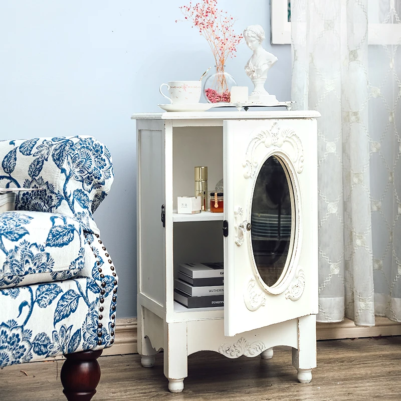 French retro narrow bedside table old carved edge cabinet