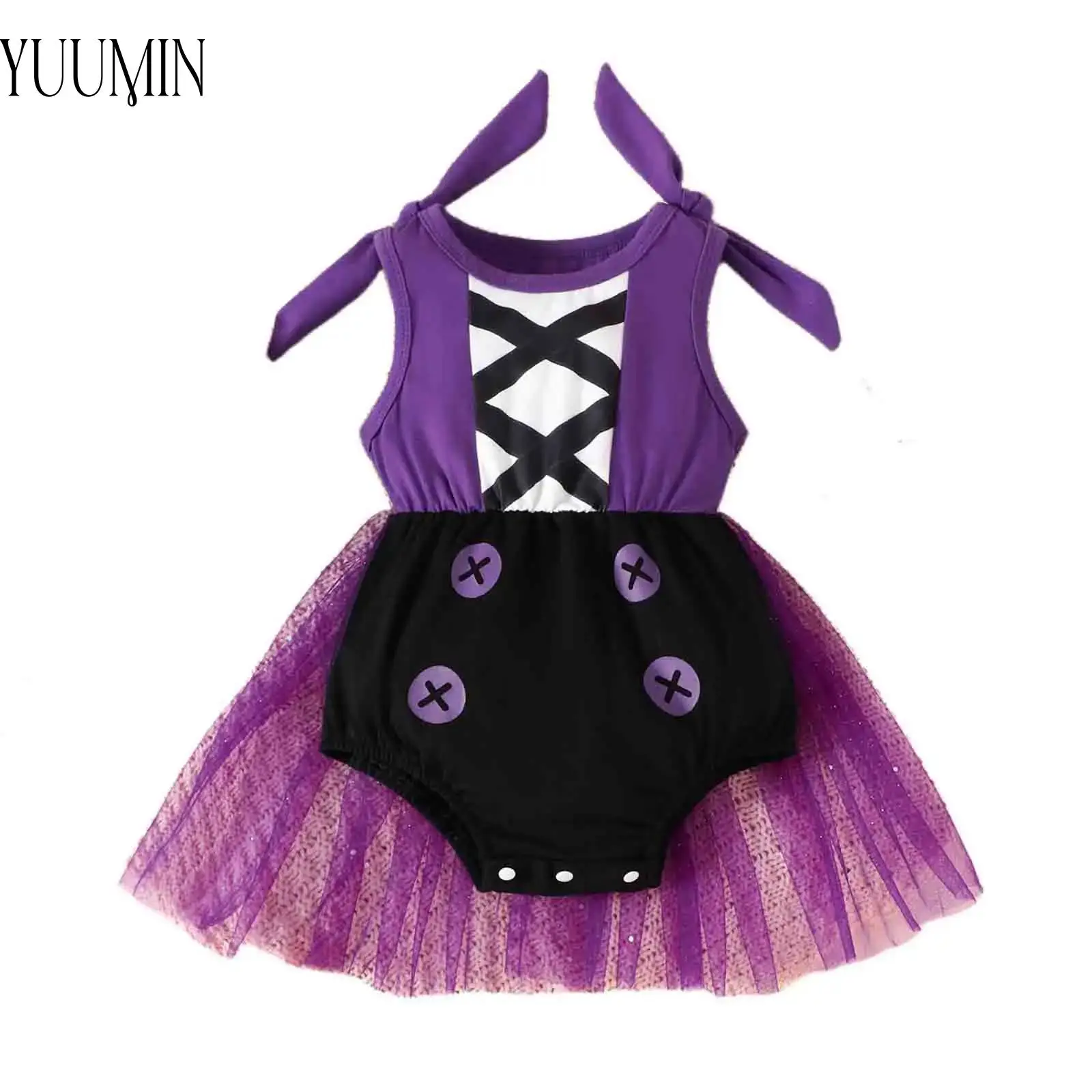 Barboteuse d'Halloween pour Nouveau-né Fille, Vêtements de brev, Violet, Noir, Costume de Sorcière, Combinaison en Tulle Mignonne