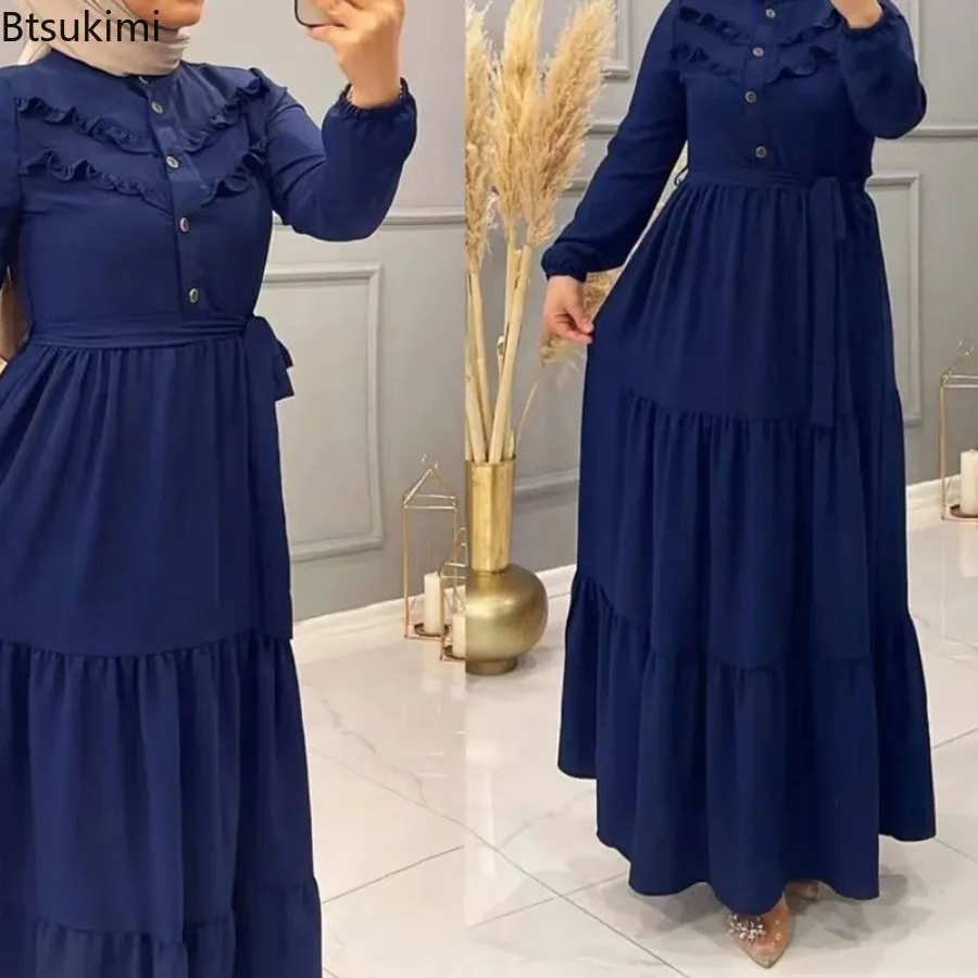 Elegant Maxi Dress for Women Muslim Fashion Abaya Hijab Dubai Turkey Loose Robe Females Solid Long Sleeve Dress Islamic Clothing